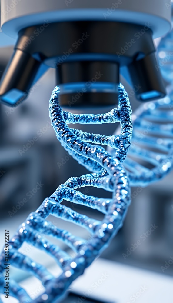 Poster detailed 3d rendering of a dna double helix under a powerful microscope, showcasing its complex stru