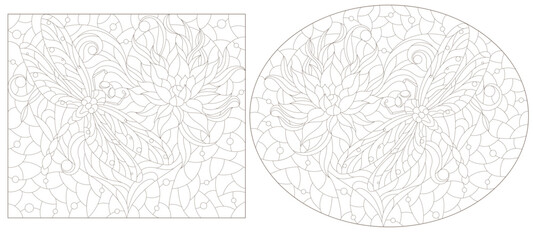 A set of contour illustrations in the style of stained glass with dragonflies, butterflies and flowers, dark outlines on a white background