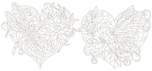 A set of contour illustrations in the style of stained glass with dragonflies, butterflies and flowers, dark outlines on a white background