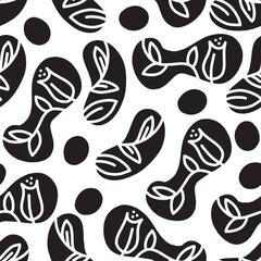 Seamless pattern of abstract leaves and flower. black floral leaf shape organic on white background. Hand drawn cartoon style pattern.
