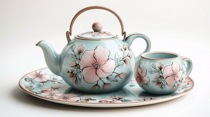 A delicate, floral-patterned teapot and cup set on a matching plate, showcasing elegant craftsmanship and soft pastel colors.