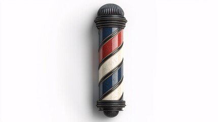A classic barber pole featuring red, white, and blue stripes, symbolizing traditional barber services and grooming.