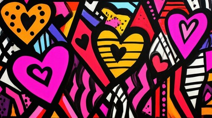 Obraz premium A vibrant Valentines Day hand-drawn elements featuring bold geometric patterns and contrasting colors