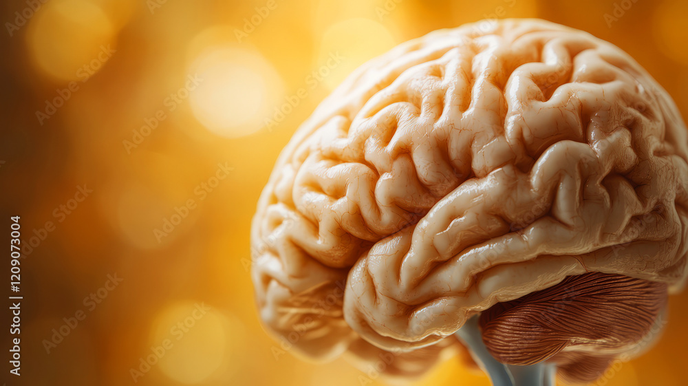 Poster realistic human brain model on shimmering gold background with bokeh effect