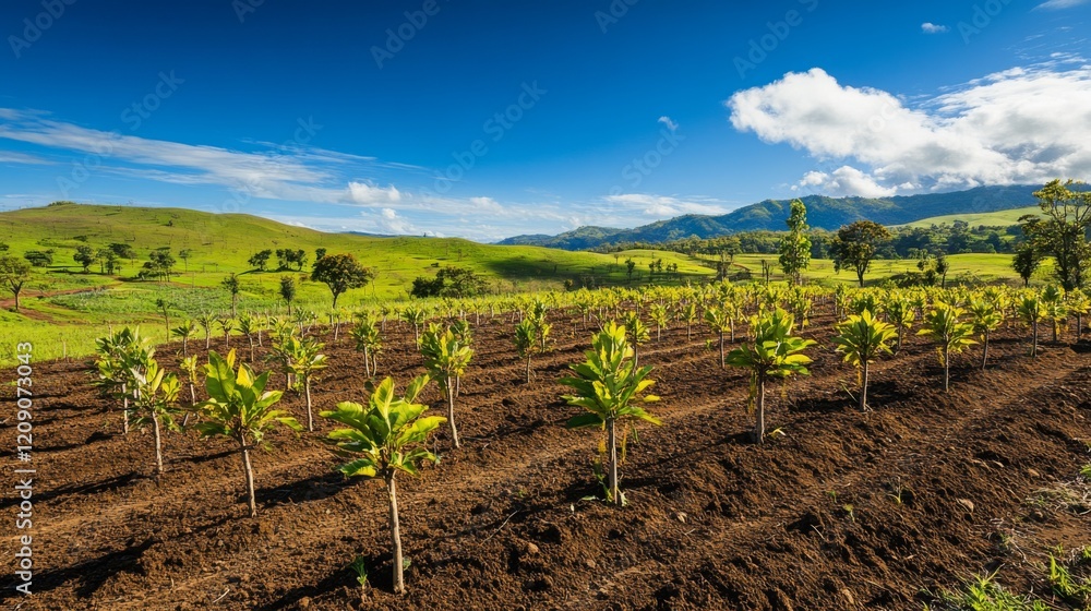 Poster An expansive view of a reforestation project with countless young trees planted across a rolling landscape, under a vibrant blue sky with clouds