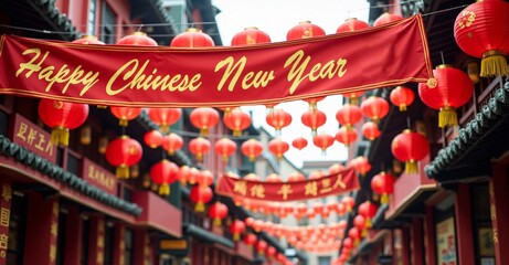 happy chinese new year poster,card,banner, A bustling Chinese street decorated with lanterns and banners, featuring (Happy Chinese New Year) written in vibrant red and gold.
