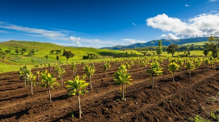An expansive view of a reforestation project with countless young trees planted across a rolling landscape, under a vibrant blue sky with clouds