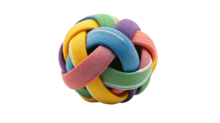Colorful interwoven ball toy designed for playful pets and children in bright hues isolated on transparent background