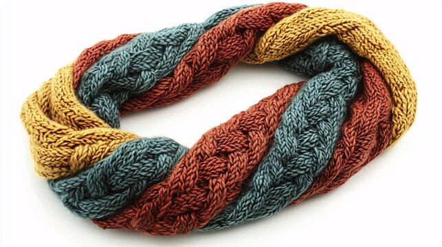 A colorful, braided infinity scarf featuring hues of mustard yellow, rust, and teal, showcasing intricate knit patterns in a stylish design.