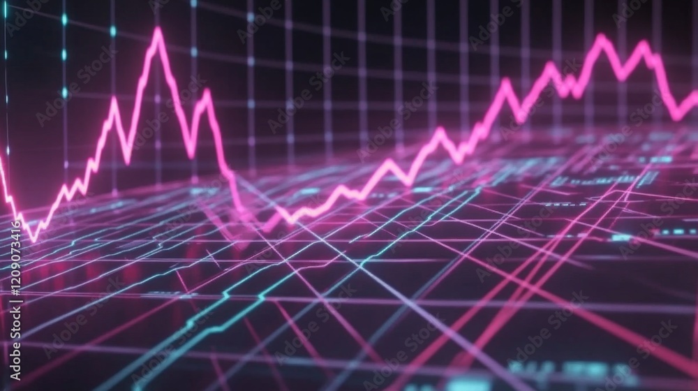 Poster a d financial chart with rising columns and a glowing trendline, placed over a sleek digital grid wi