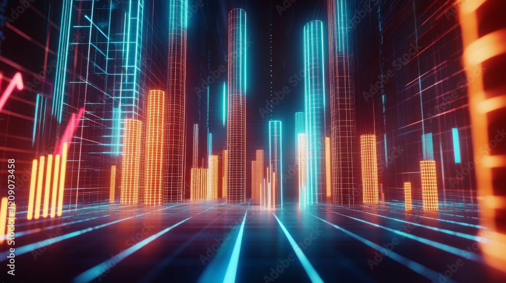 Aufkleber A D financial chart with rising columns and a glowing trendline, placed over a sleek digital grid with futuristic design elements