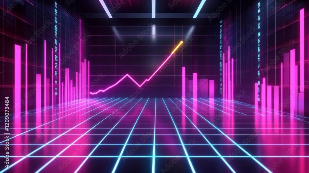 Leinwandbilder a d financial chart with rising columns and a glowing trendline, placed over a sleek digital grid wi