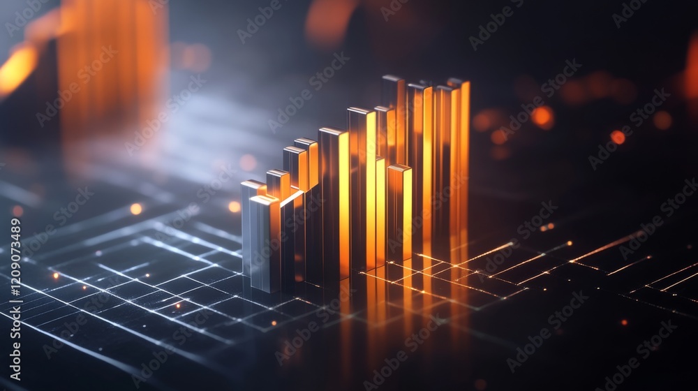 Poster a d financial graph with rising bars and an upward trending line chart, with metallic textures and s