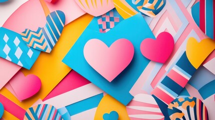 Obraz premium A vibrant Valentines Day paper cut background featuring bold geometric patterns and contrasting colors