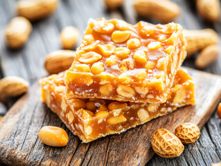 Crunchy Peanut Candy Bars on Wooden Surface with Nuts and Wooden Background