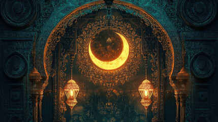 Obraz premium Enchanting moonlit archway adorned with intricate patterns and glowing lanterns in a mystical night scene
