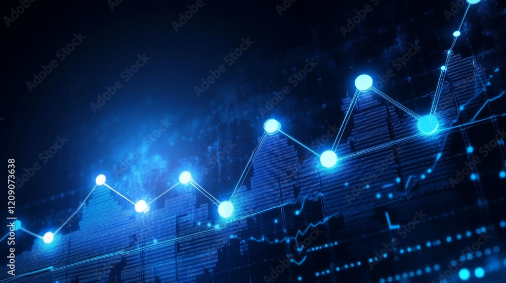 Poster A D financial line graph with smooth, curving lines connecting glowing points, showing a steady upward trend against a dark digital landscape