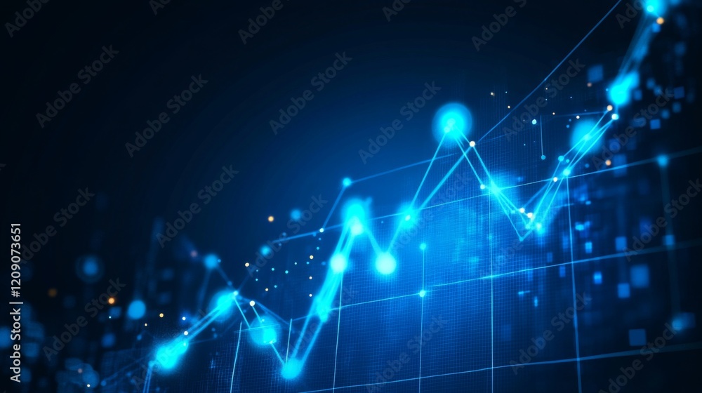 Poster A D financial line graph with smooth, curving lines connecting glowing points, showing a steady upward trend against a dark digital landscape