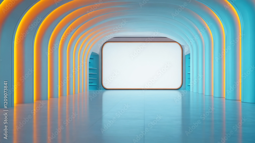 Poster modern minimalist interior design with a large blank display screen and soft colored lighting