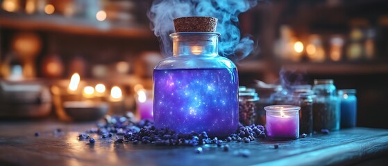 Glowing potion bottle with smoke.