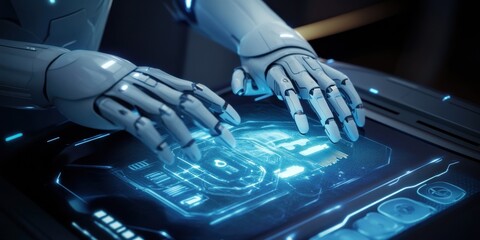 An Advanced robot operating a futuristic console, blending unique shapes and creative lighting