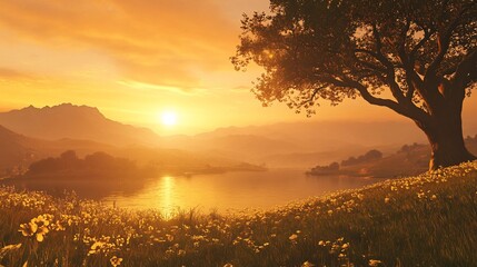 Naklejka premium Golden sunset over lake, mountain view, wildflowers, tree