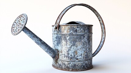 A vintage metal watering can with a rustic finish, showcasing a weathered appearance and classic design.