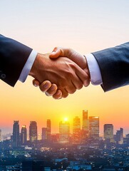Business handshake at sunset city skyline image urban environment perspective partnership