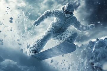 Snowboarder Rides Powder, Soaring High,  Expertly Through Mountains