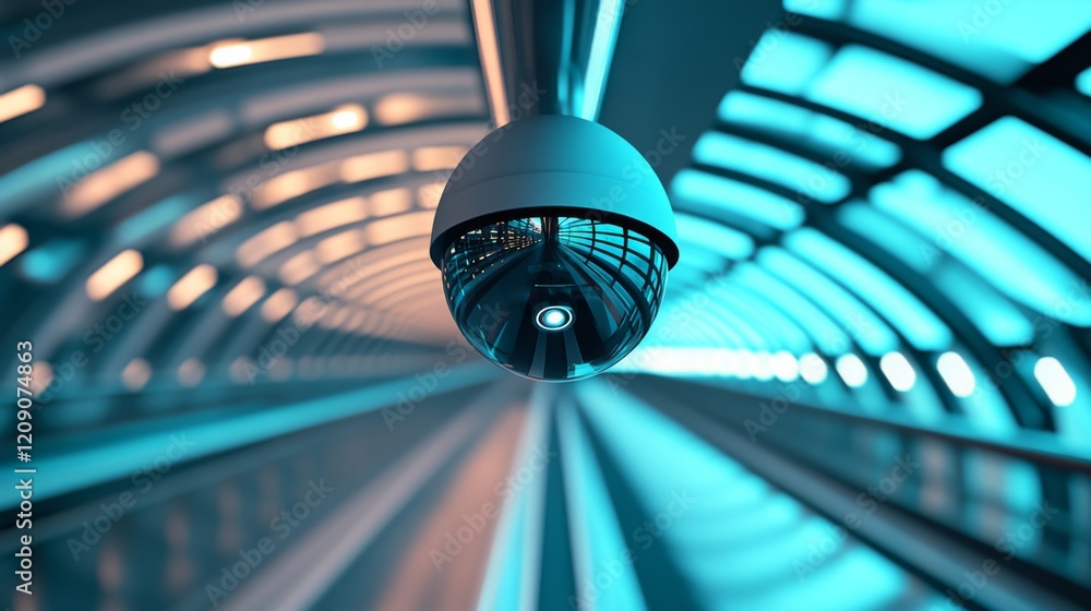 Poster a close-up of a dome-shaped security camera on a smooth metal ceiling inside a sleek, futuristic bui