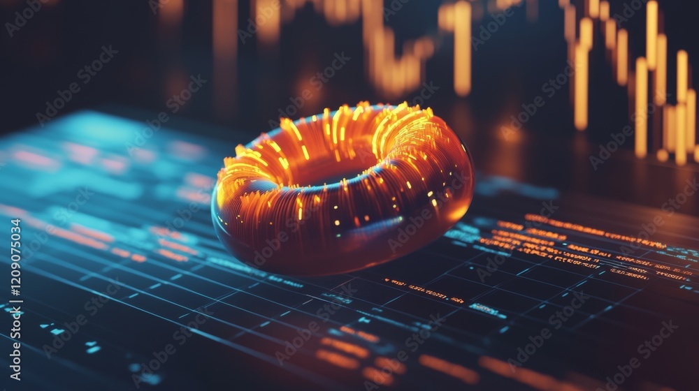 Poster a close-up of a futuristic d donut chart with segmented, glowing parts, floating above a digital gri