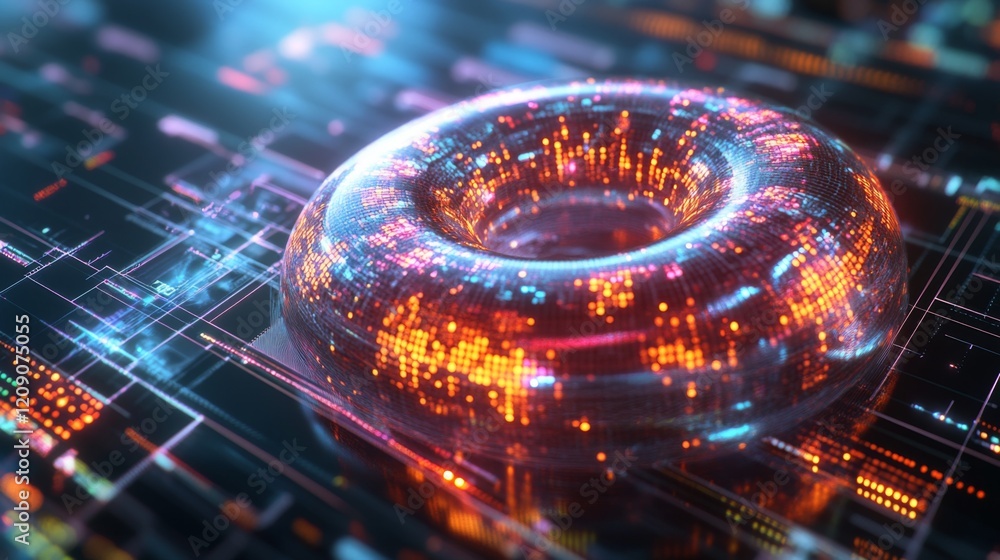 Poster a close-up of a futuristic d donut chart with segmented, glowing parts, floating above a digital gri