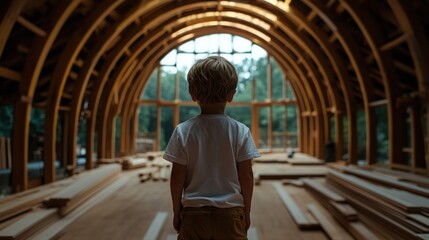 Young Boy Contemplating Wooden Structure