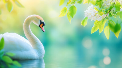 Obraz premium Elegant Swan Gliding on Serene Pond Surrounded by Lush Greenery and Delicate Blossoms