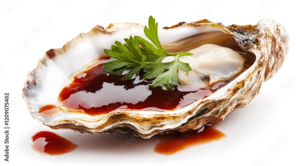 Poster a close-up of a single oyster half on a shell, drizzled with sauce and garnished with herbs, showcas