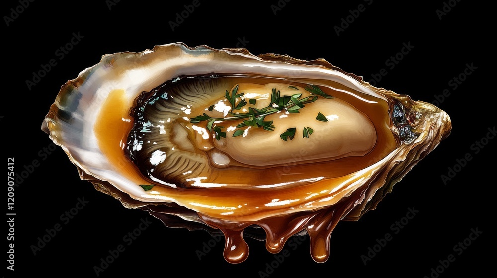 Poster a close-up of a single oyster half on a shell, drizzled with sauce and garnished with herbs, showcas