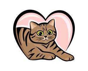 Icon with cute cat and heart on white background.
