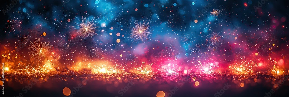 Poster festive fireworks display with sparkling lights and colorful glows