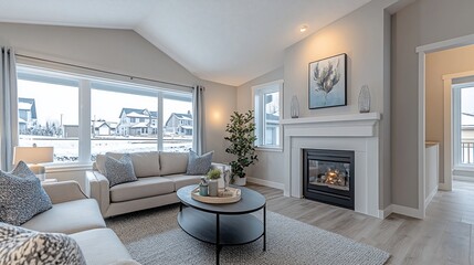 Fototapeta premium Modern living room, fireplace, winter view, new home, real estate