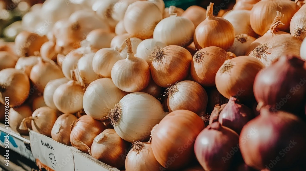 Poster A close-up of shallots and onions piled together in a market display, highlighting the different sizes and colors, creating a rich and inviting food scene