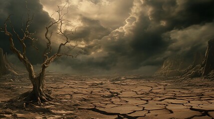 Desolate landscape cracked earth, dead tree, stormy sky, apocalyptic scene