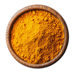 Turmeric powder in wooden bowl isolated on transparent background. Top view.