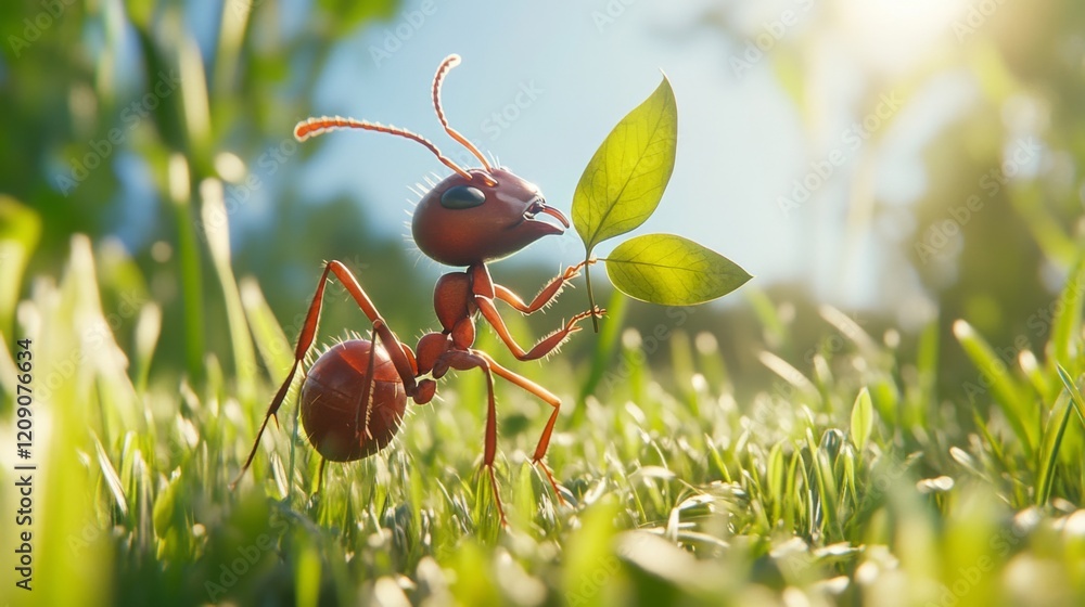 Poster a close-up view of an ant carrying a tiny leaf, showcasing its intricate body structure and details,