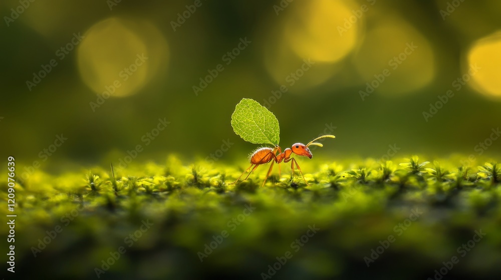 Poster a close-up view of an ant carrying a tiny leaf, showcasing its intricate body structure and details,