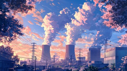 Fototapeta premium Sunset industrial plant pollution, city skyline, power generation, environmental impact, artistic illustration