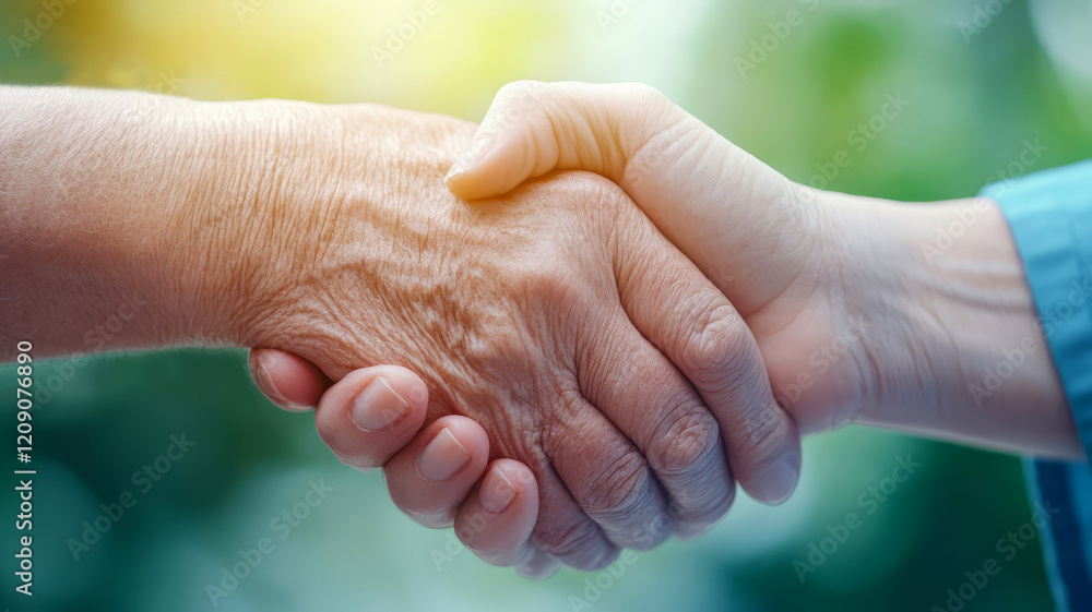 Poster close-up of two hands shaking in a natural setting symbolizing friendship and unity