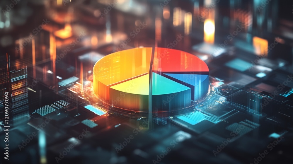 Poster a colorful d pie chart with individual segments floating in mid-air, surrounded by a soft glow, symb
