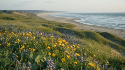 Fototapeta premium Coastal wildflowers bloom at sunset, Pacific ocean view