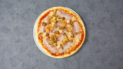 Pizza with ham and fungi, Italian food