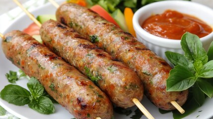 A colorful image of mini sausages arranged on skewers, ready for grilling at a summer barbecue, with fresh vegetables and dipping sauces on the side